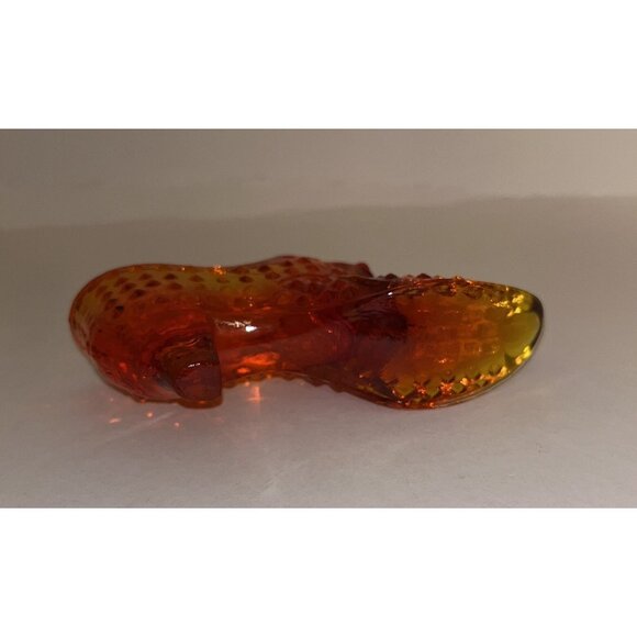 VTG Fenton Orange Red Amberina Hobnail Boot Slipper Shoe Cat Head Art Glass Glow - Picture 7 of 16